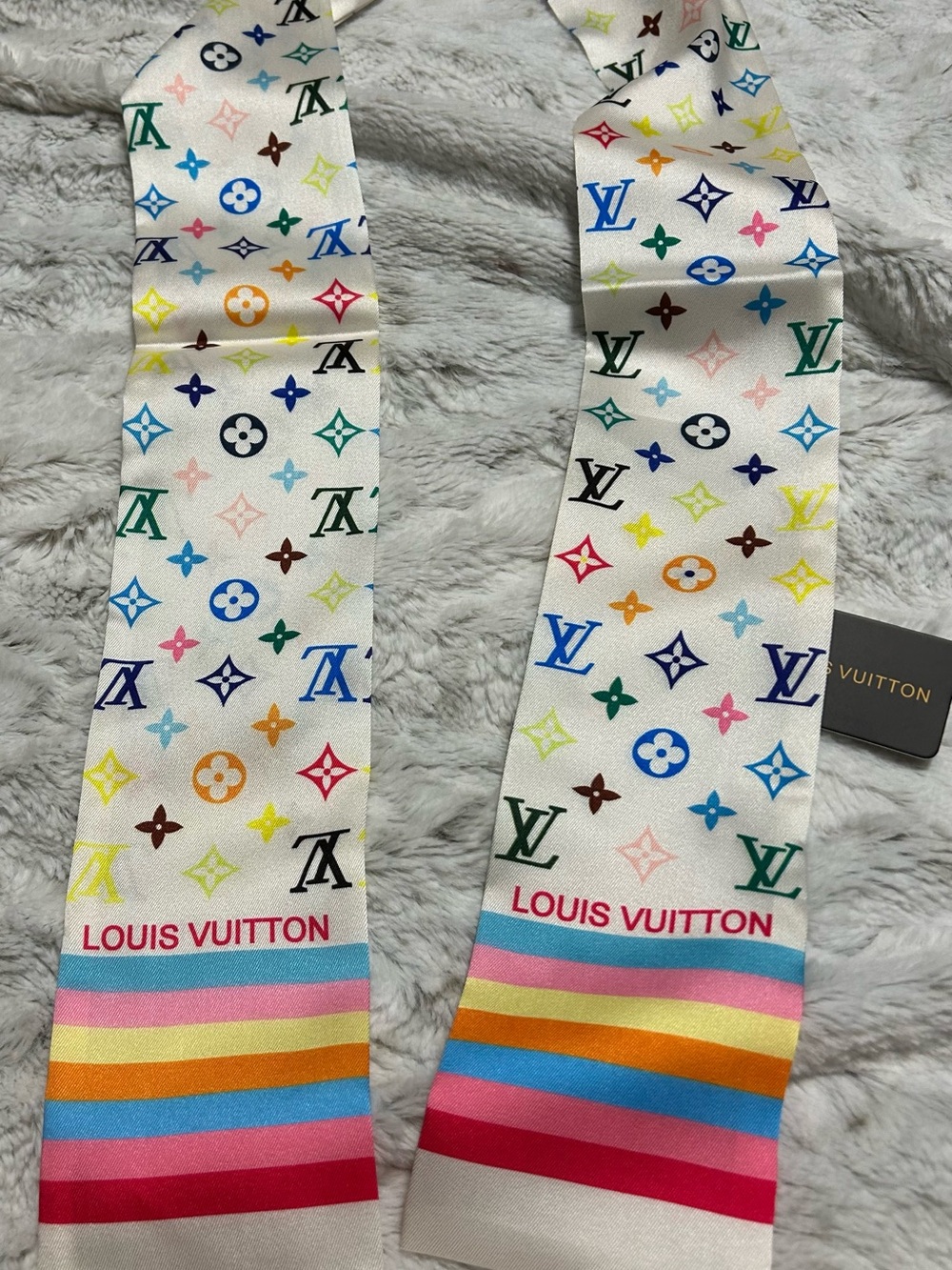 L Multicolor Monogram Silk Twilly Scarf - White Base